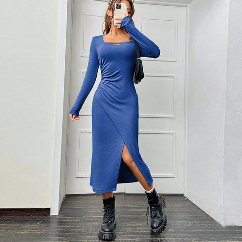 Damen figurbetontes Wickel‑Midikleid mit eckigem Ausschnitt, asymmetrischem Seitenschlitz und taillierender Raffung Drune