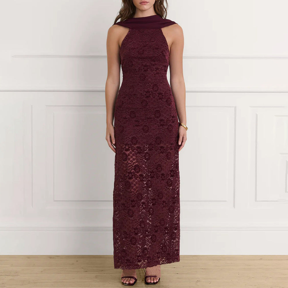 Damen Elegantes Maxikleid mit raffinierter Spitzenverzierung und schickem Halterneck Drune