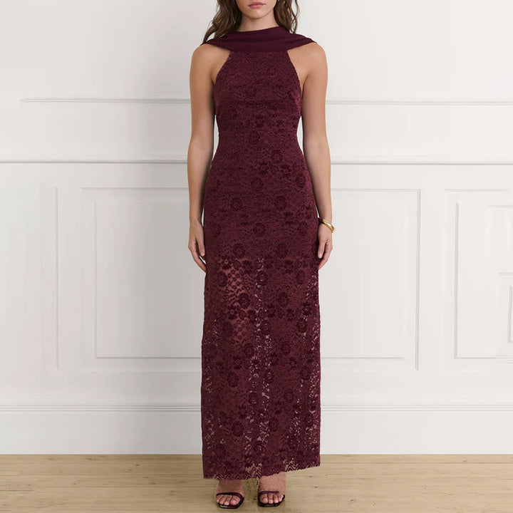 Damen Elegantes Maxikleid mit raffinierter Spitzenverzierung und schickem Halterneck Drune