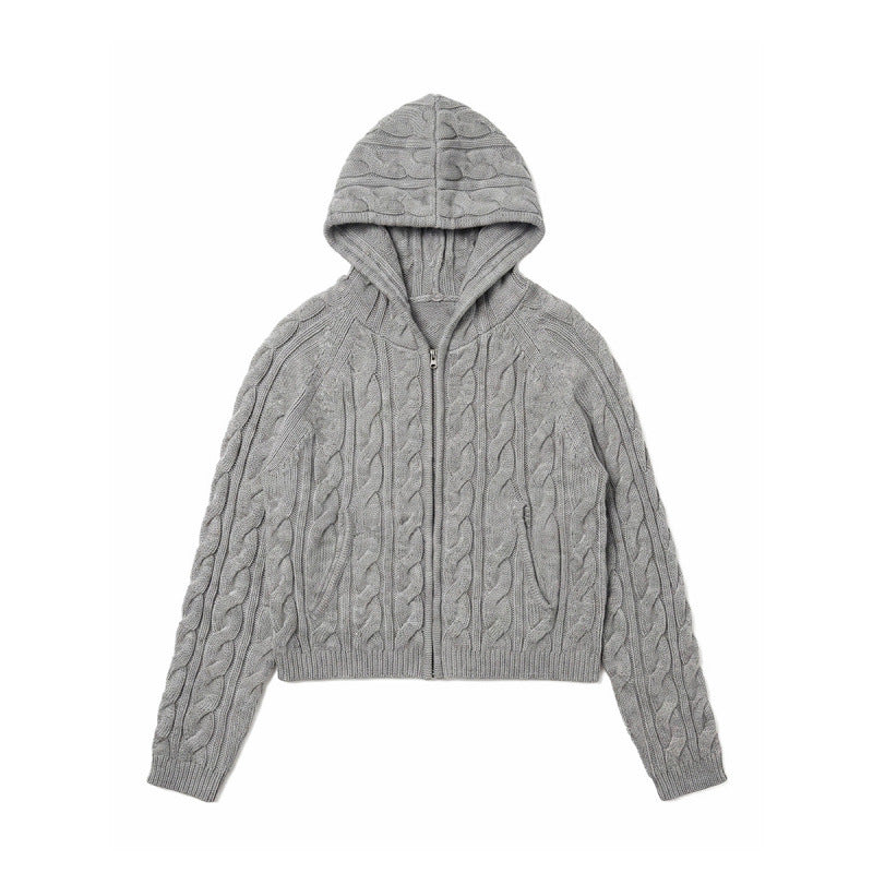 Damen Kapuzen-Zopfstrick-Cardigan mit Reißverschluss und Raglanärmeln Drune