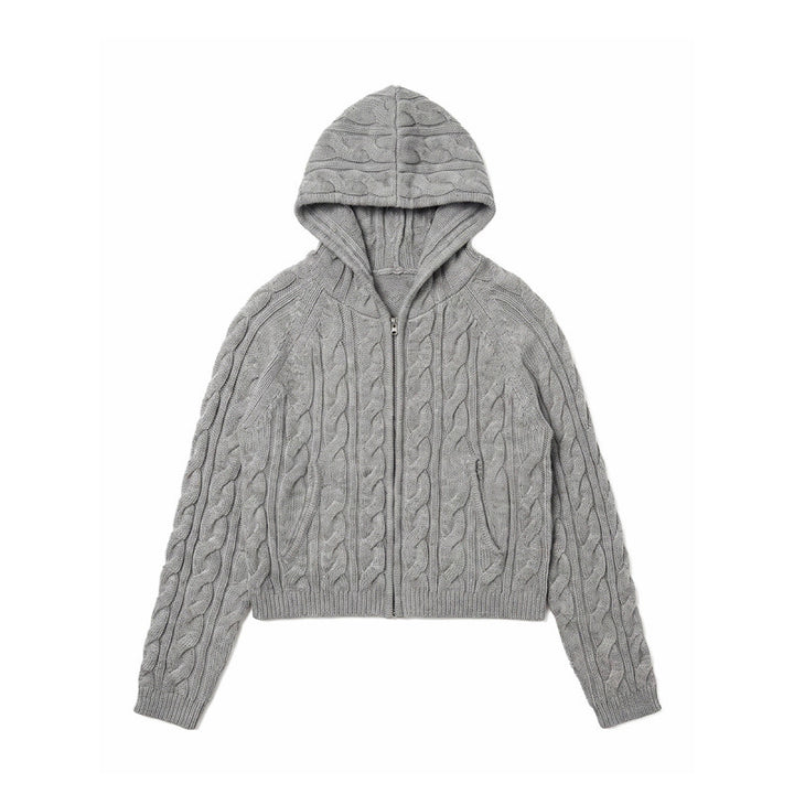 Damen Kapuzen-Zopfstrick-Cardigan mit Reißverschluss und Raglanärmeln Drune