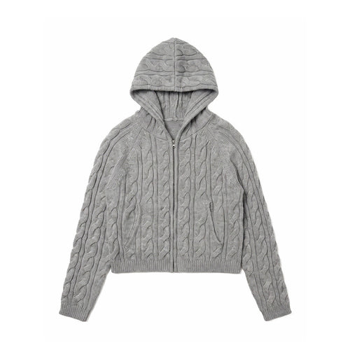 Damen Kapuzen-Zopfstrick-Cardigan mit Reißverschluss und Raglanärmeln Drune