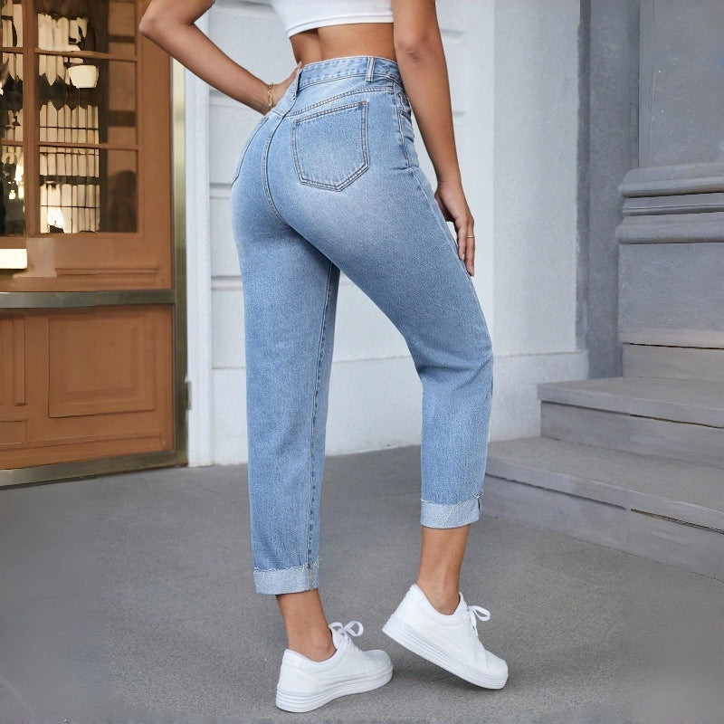 Damen Hochgeschnittene Jeans mit ausgefranztem Saum Drune