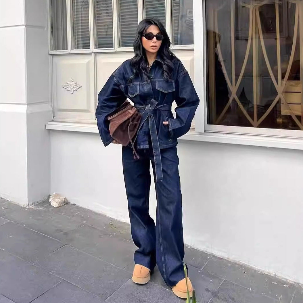Damen nan hochgeschnittene, weit geschnittene Jeans mit geradem Bein und Fünf-Taschen-Details Drune