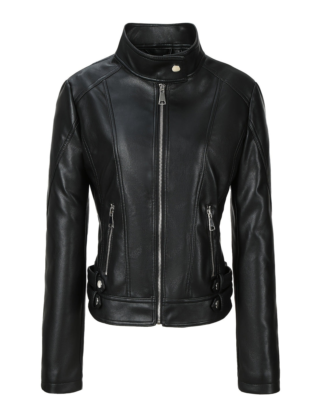 Damen Modische Kunstlederjacke mit Reißverschluss und seitlichen Taschen Drune
