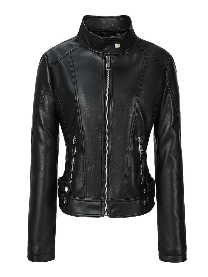 Damen Modische Kunstlederjacke mit Reißverschluss und seitlichen Taschen Drune