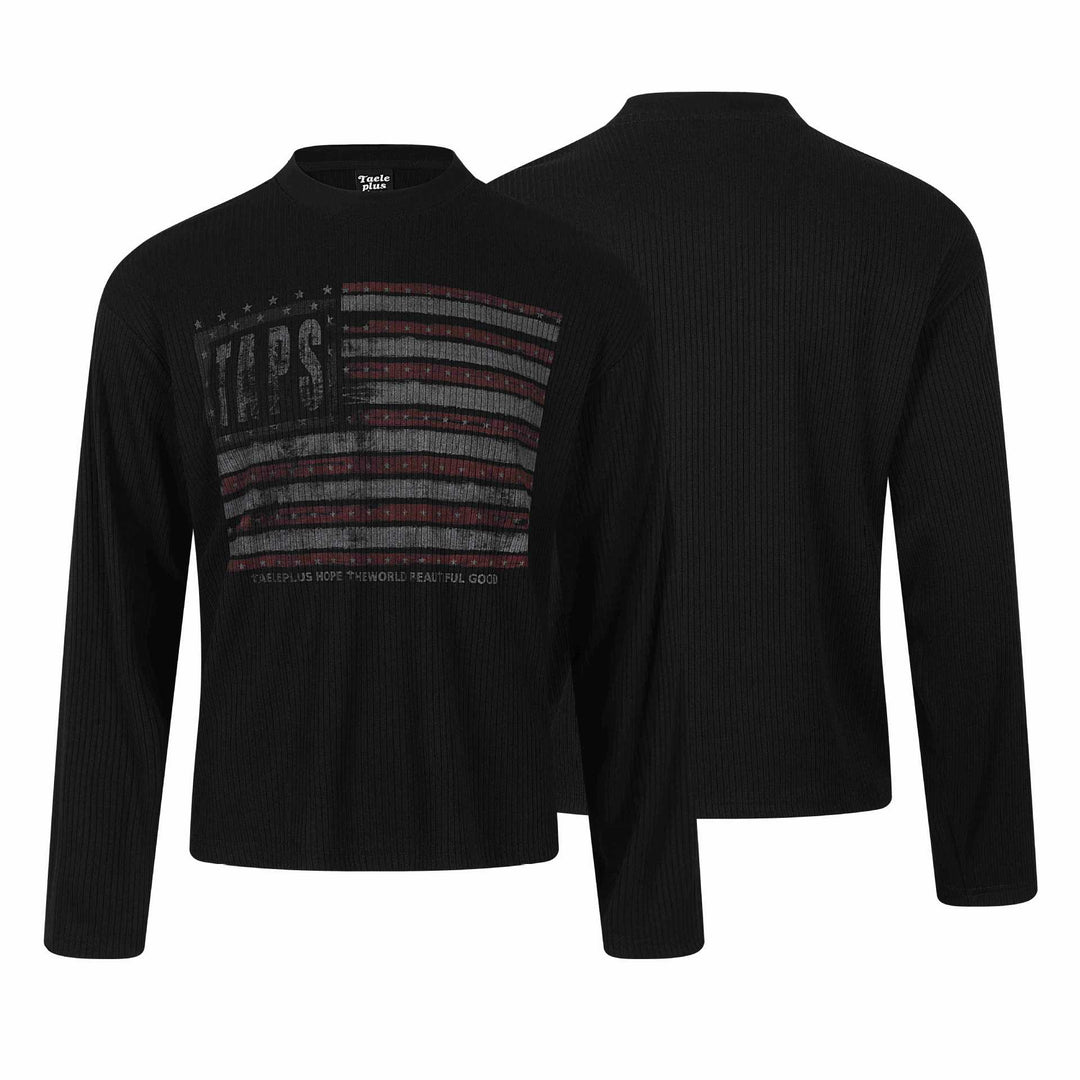 Unisex Gerippter Langarmpullover mit Troyerkragen und Vintage-Flaggenprint Drune
