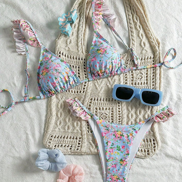 Damen Triangel-Bikini-Set mit floralen Rüschendetails und verstellbaren Trägern Drune