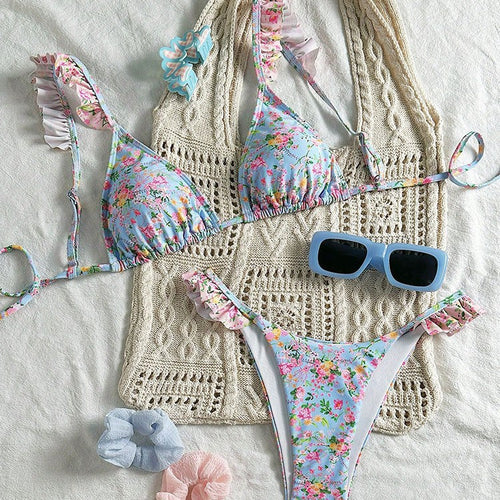 Damen Triangel-Bikini-Set mit floralen Rüschendetails und verstellbaren Trägern Drune