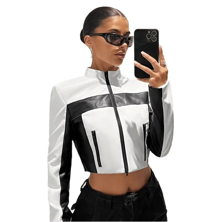 Damen Sportliche cropped Jacke aus Kunstleder mit Kontrastdetails Drune