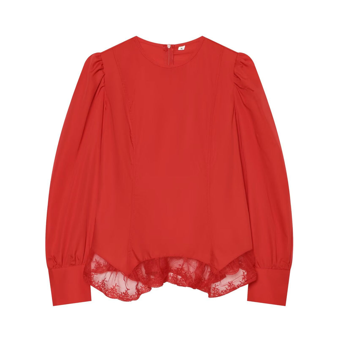 Damen Romantische Bluse mit Puffärmeln und Spitzenbesatz Drune
