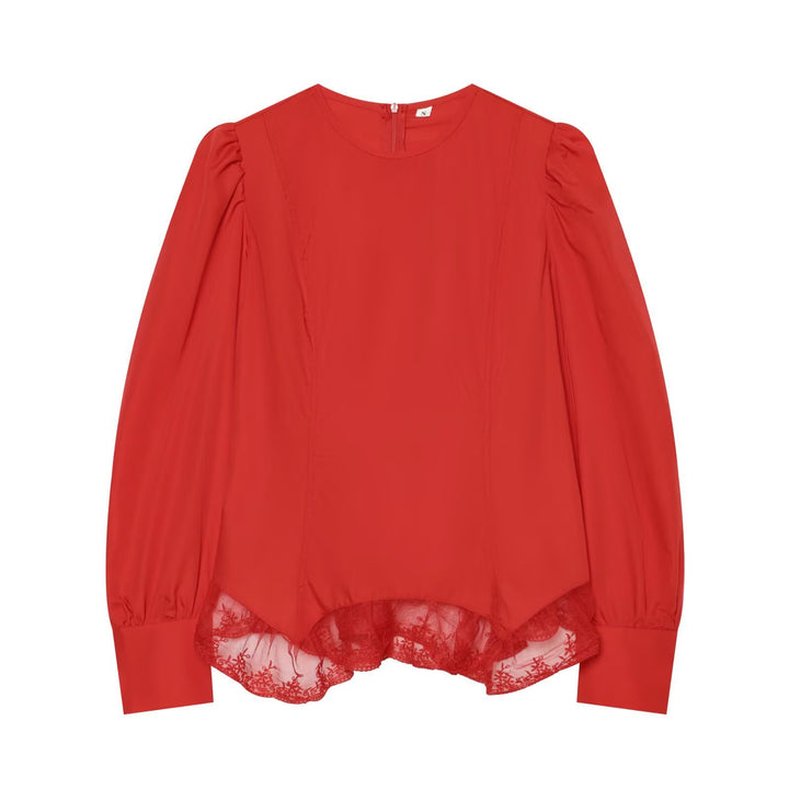 Damen Romantische Bluse mit Puffärmeln und Spitzenbesatz Drune