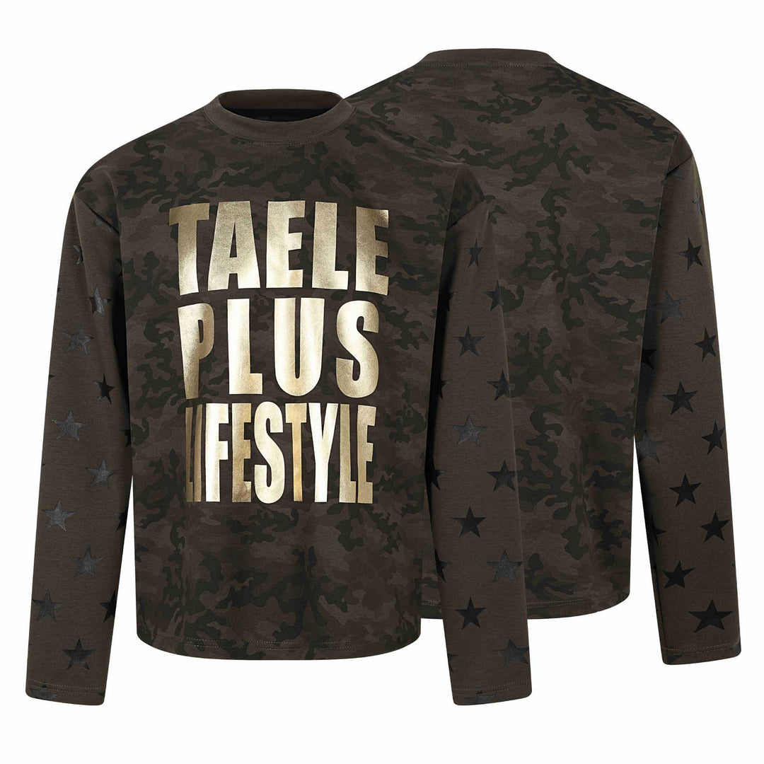 Unisex Oversize Sweatshirt mit Camouflage-Print, Sternärmel-Applikation und großflächigem Metallic-Print Drune