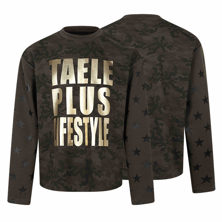 Unisex Oversize Sweatshirt mit Camouflage-Print, Sternärmel-Applikation und großflächigem Metallic-Print Drune