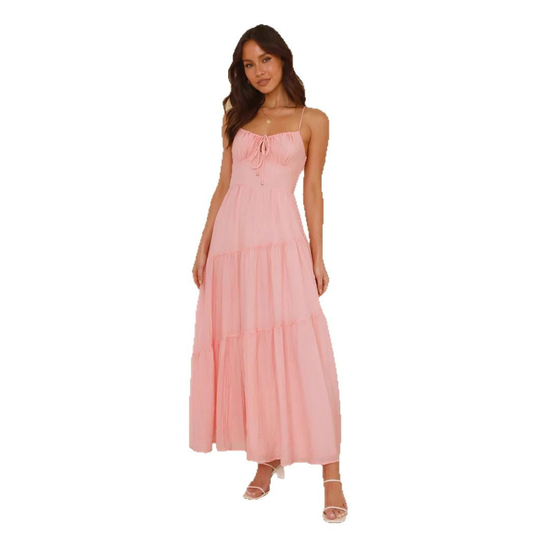 Damen Boho-Chic Maxikleid mit verstellbaren Spaghettiträgern und voluminösem Rock Drune