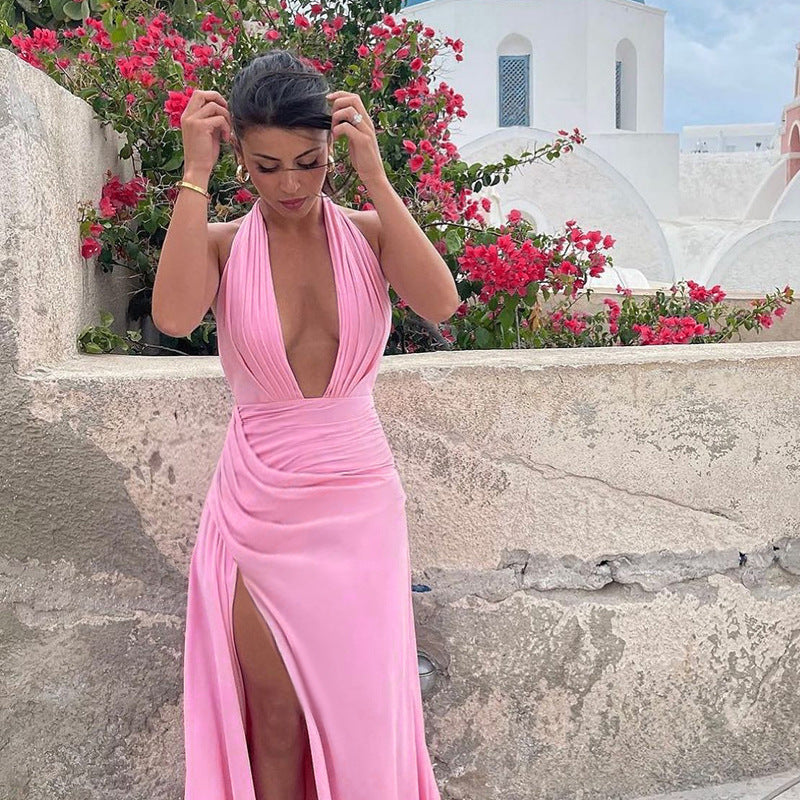 Damen Elegantes Maxikleid mit tiefem V-Ausschnitt und hohem Schlitz Drune