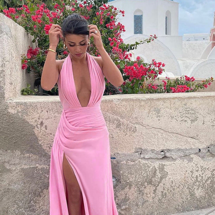 Damen Elegantes Maxikleid mit tiefem V-Ausschnitt und hohem Schlitz Drune
