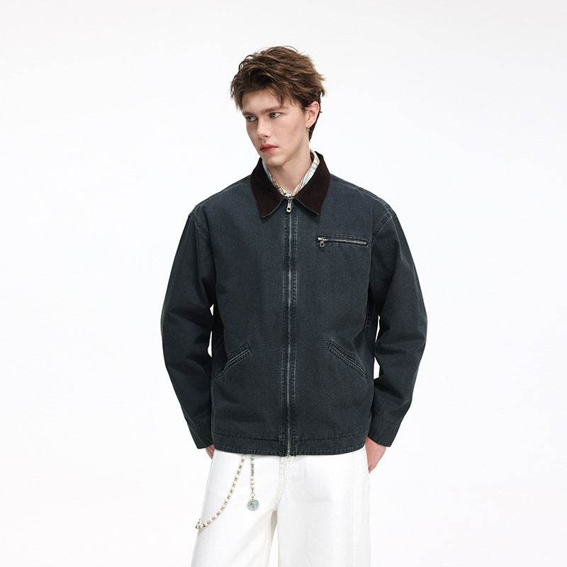 Herren Freizeitjacke aus gewaschenem Baumwollcanvas mit Cordkragen und Reißverschluss-Tasche Drune