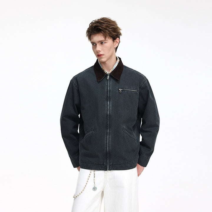 Herren Freizeitjacke aus gewaschenem Baumwollcanvas mit Cordkragen und Reißverschluss-Tasche Drune