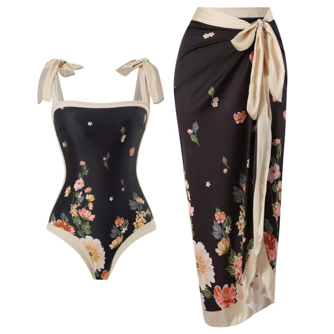 Damen Eleganter Badesuit mit floralen Akzenten und modischem Wickelrock Drune