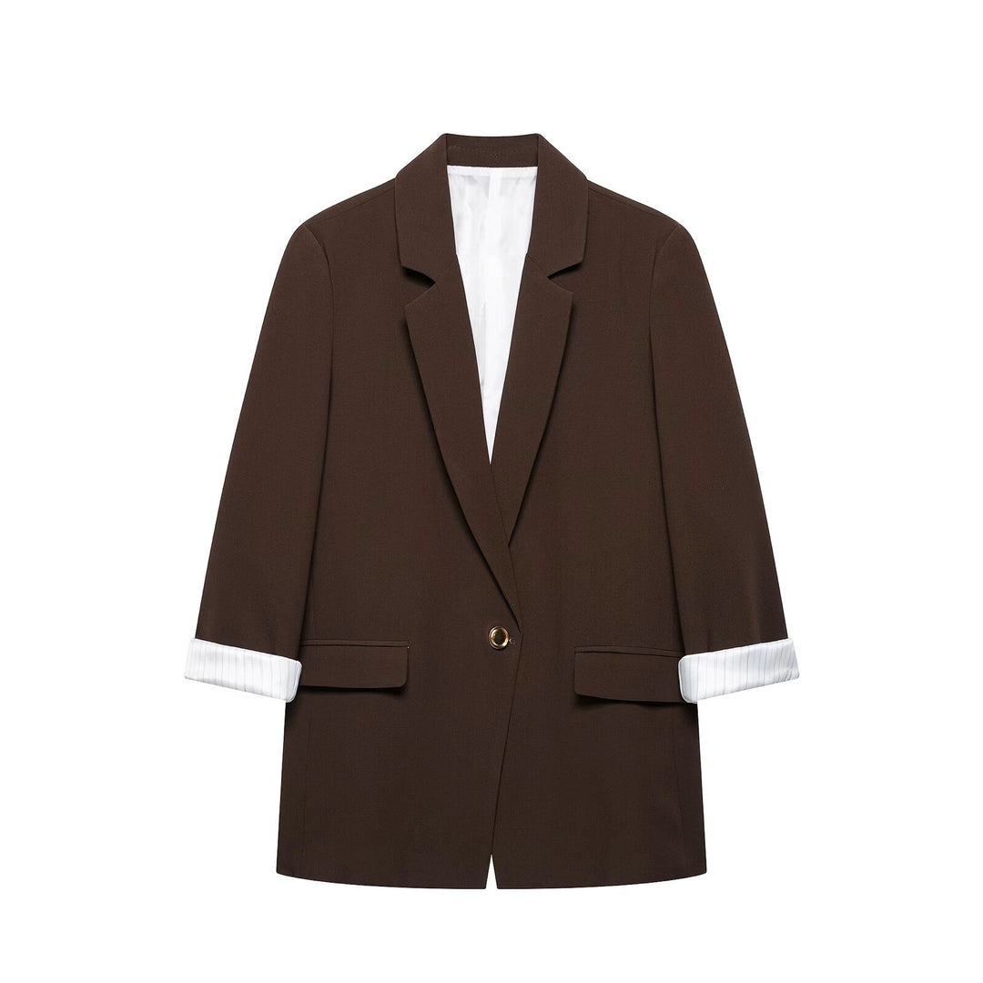 Damen taillierter Longblazer mit Umschlagärmeln und dekorativem Knopf Drune