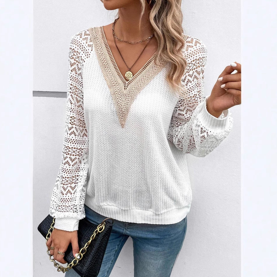 Damen Elegantes V-Ausschnitt Shirt mit Spitzenärmeln Drune