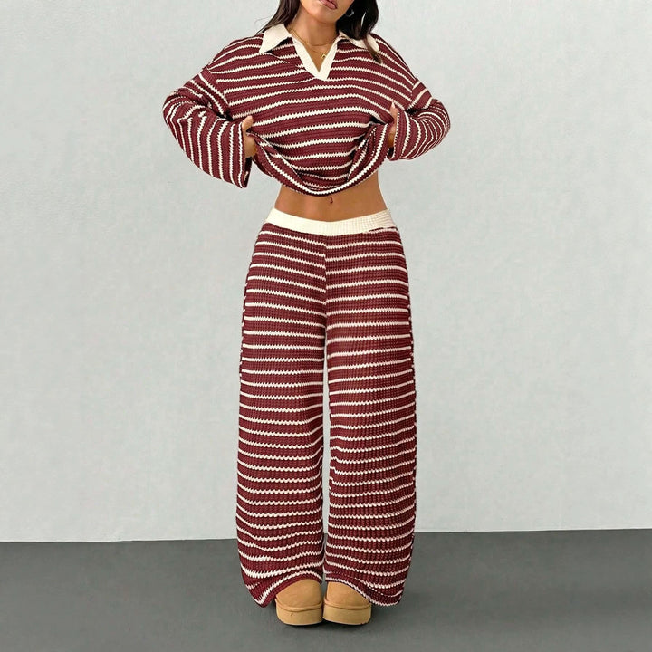 Damen Gestreiftes Strick-Set aus Polokrippenpullover und weiten Palazzo-Strickhose Drune
