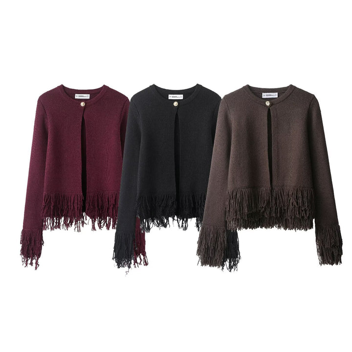 Damen 60+ gestrickter Cropped‑Cardigan mit Fransenbesatz und Rundhals Drune