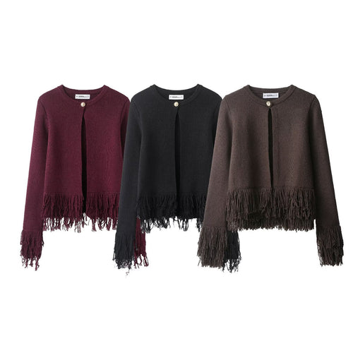 Damen 60+ gestrickter Cropped‑Cardigan mit Fransenbesatz und Rundhals Drune