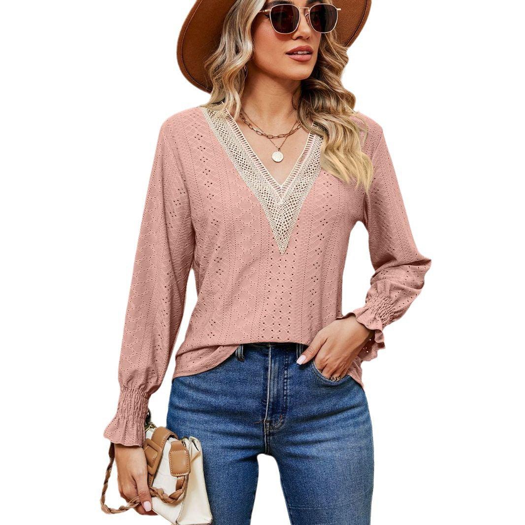 Damen Bluse mit luftigen Lochstickereien und V-Ausschnitt Drune