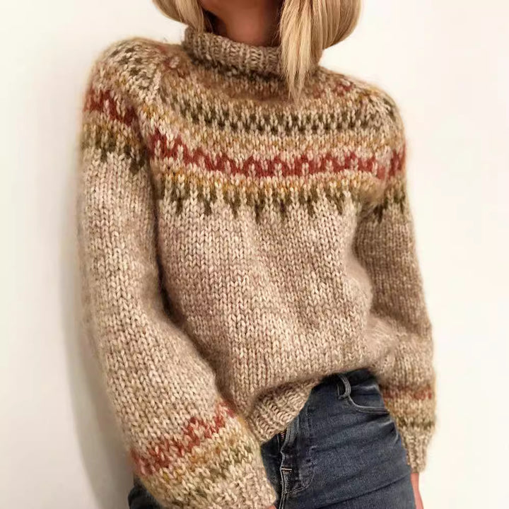Damen Grober Strickpullover mit hohem Kragen und einzigartigem Muster Drune