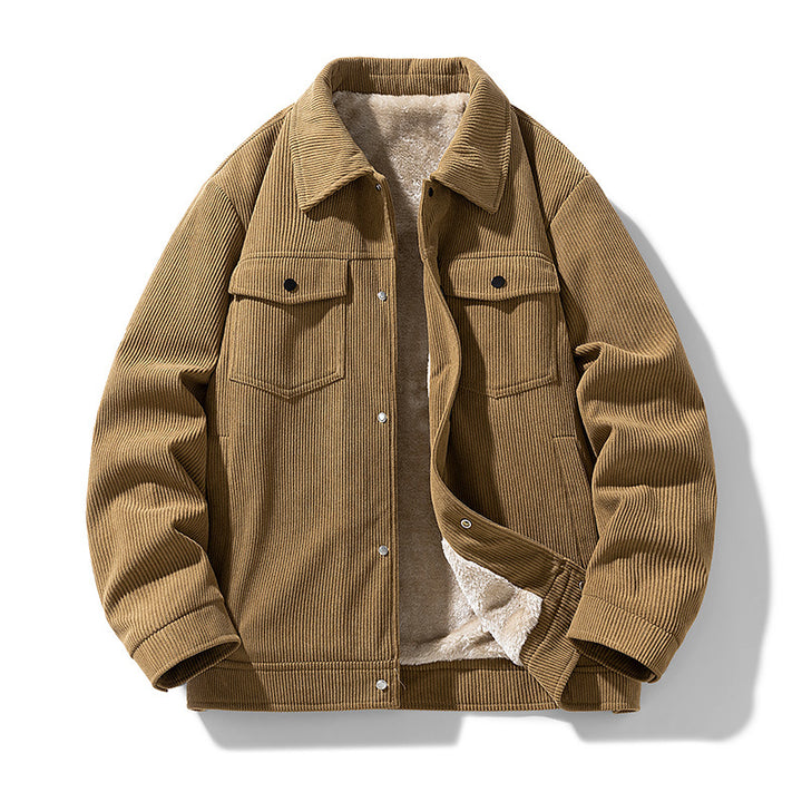 Männliche -Cord-Jacke mit Kunstschafsleder-Futter und Druckknopfverschluss Drune