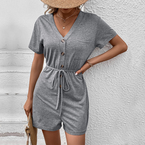 Damen lässiger Kurzoverall mit taillierbarem Gürtel und knöpfbarem Ausschnitt Drune
