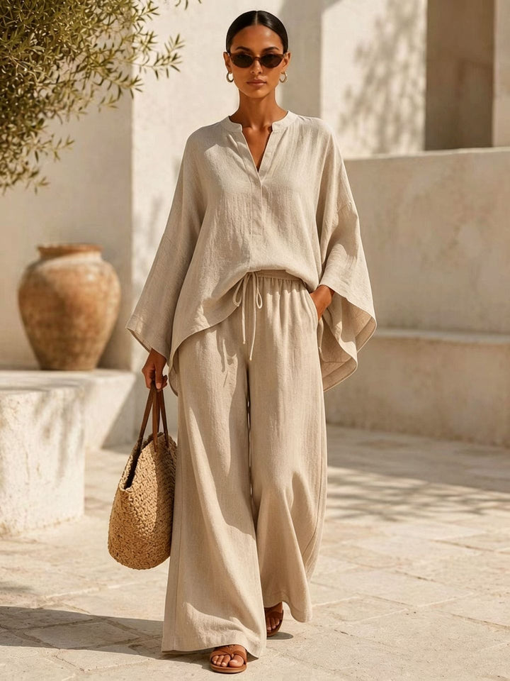 Damen Leichte Leinenmischung Übergroße Kaftan-Oberteil und Kordelzug Weitbein-Hosen Set Drune