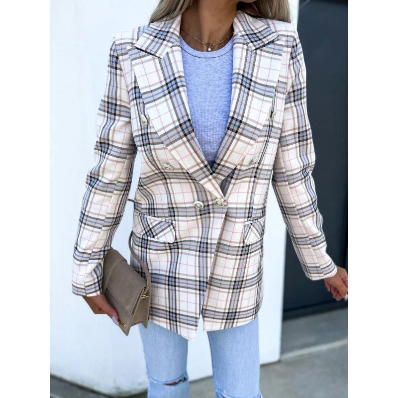 Damen Karierter Blazer mit doppelter Knopfreihe und eleganten Details Drune