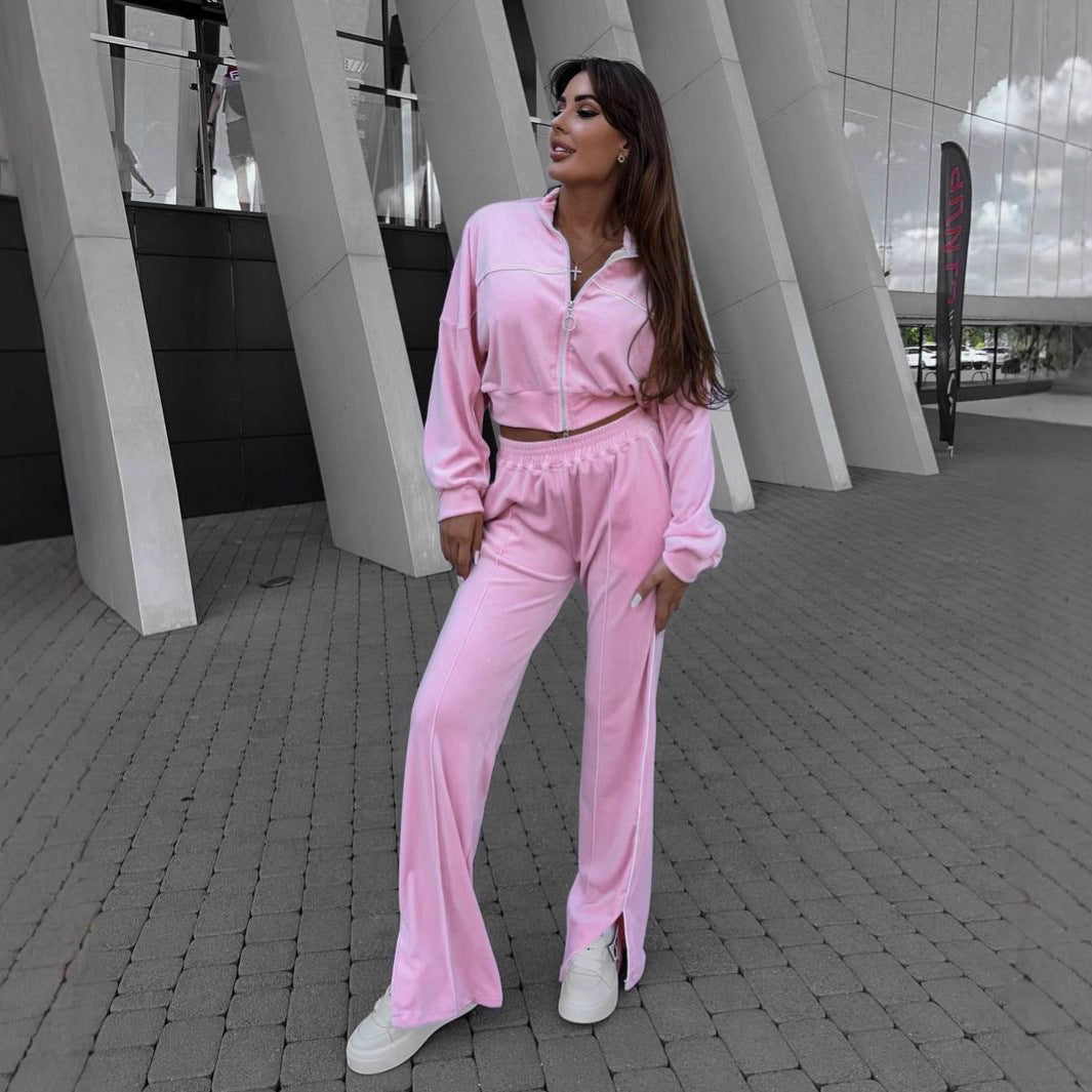 Damen cropped Sportanzug mit hohem Kragen und Reißverschluss Drune