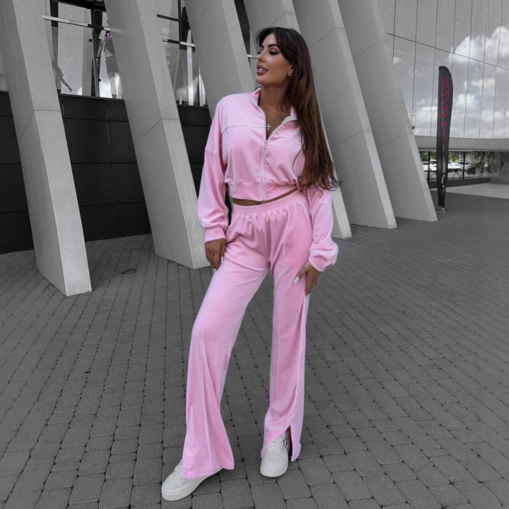 Damen cropped Sportanzug mit hohem Kragen und Reißverschluss Drune