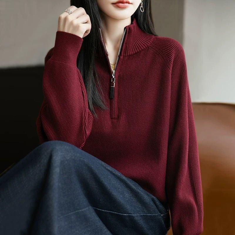 Damen modischer Pullover mit hohem Kragen und Reißverschluss Drune
