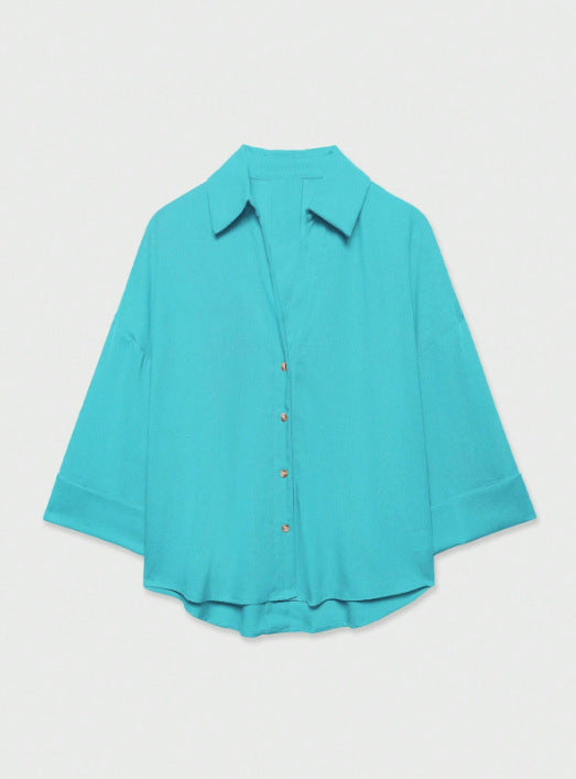 Damen Leichte Oversize Leinenoptik Bluse mit Dreiviertelärmeln und durchgehender Knopfleiste Drune