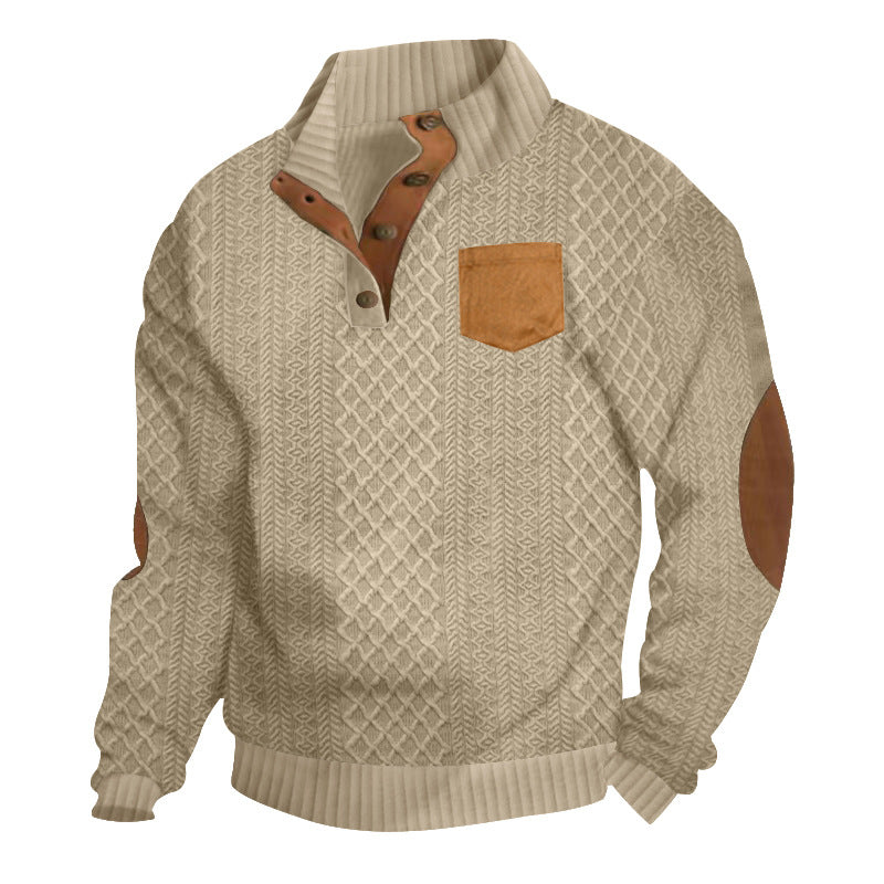 Herren Strukturiertes Kabelstrick-Sweatshirt mit Halbknopfblende, Kunstleder‑Patchtasche & Ellbogenpatches Drune
