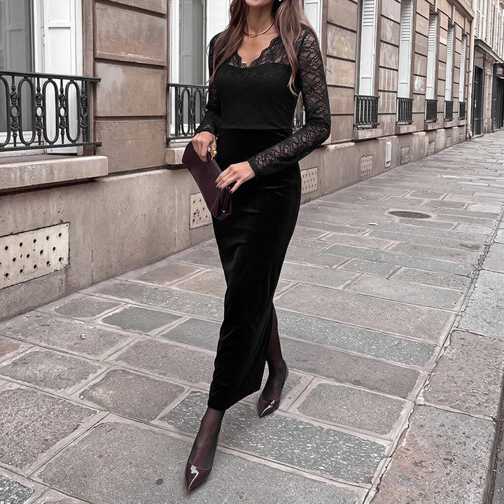 Damen Elegantes Langarm Maxikleid aus Samt und Spitze Drune