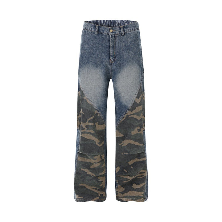 Damen Weite High‑Waist Denim‑Cargohose mit Camouflage‑Einsätzen Drune