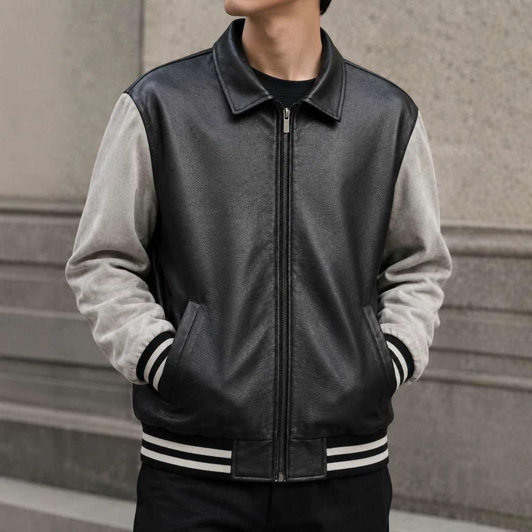 Herren Retro Letterman‑Bomber mit glattem Kunstlederkörper und Veloursärmmel-Detail Drune