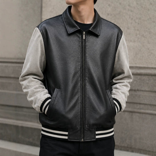 Herren Retro Letterman‑Bomber mit glattem Kunstlederkörper und Veloursärmmel-Detail Drune