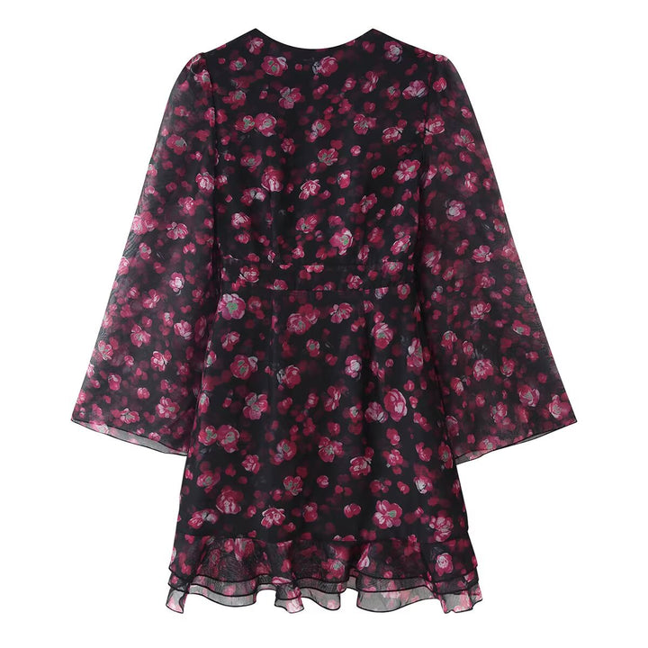 Damen Florales Chiffon-Minikleid mit tiefem V-Ausschnitt, Glockenärmeln und Stufenvolant Drune