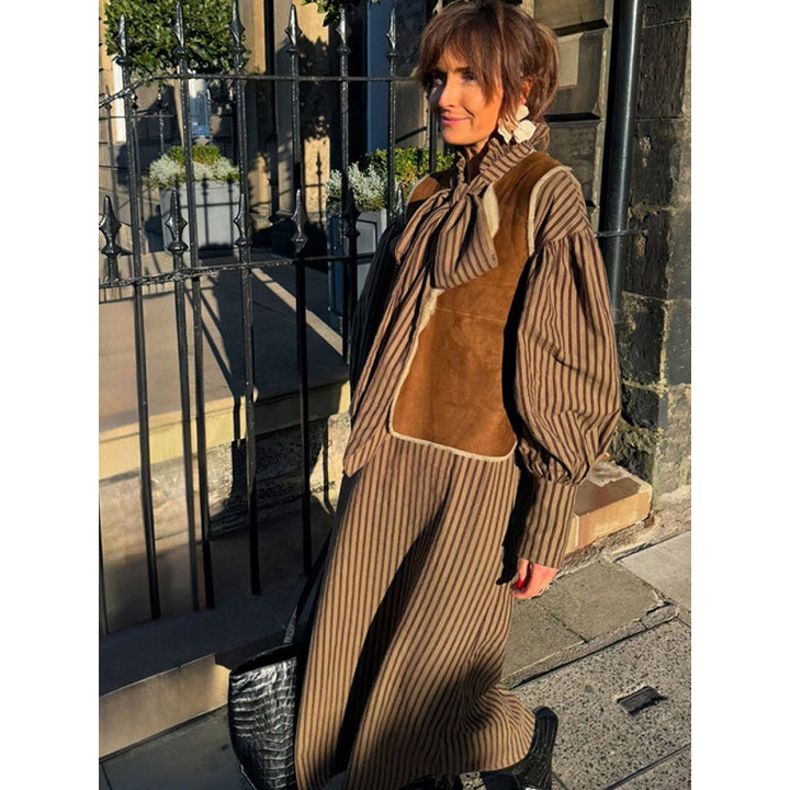 Damen Maxikleid mit eleganten Puffärmeln und schickem Schlips Drune