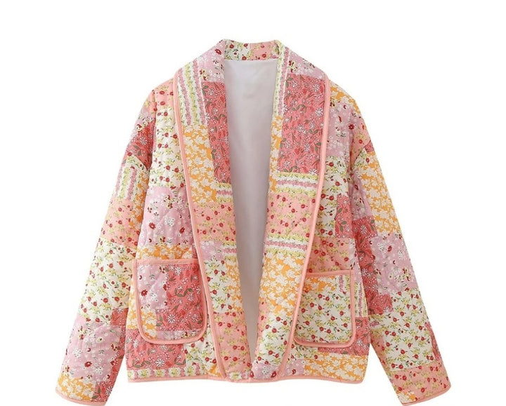 Damen 600+ gesteppte bestickte Taillengürtel‑Jacke mit floralem Muster und Stehkragen Drune