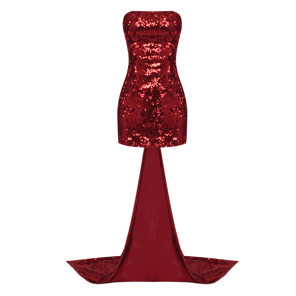 Damen Glitzerndes Abendkleid mit Schleppe und trägerlosem Design Drune