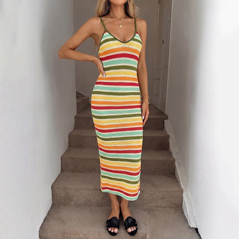 Damen Strick-Kleid im lässigen Streifenmuster mit schmalen Spaghetti-Trägern Drune