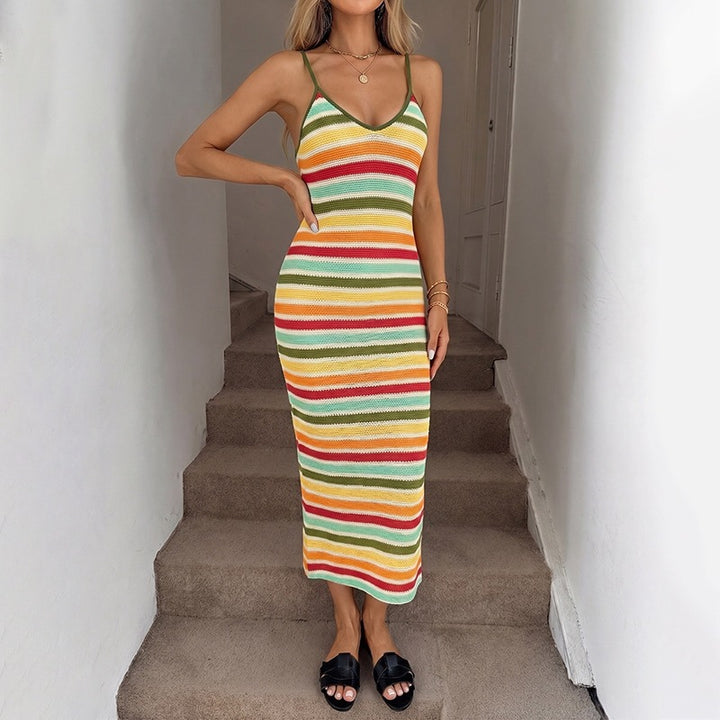 Damen Strick-Kleid im lässigen Streifenmuster mit schmalen Spaghetti-Trägern Drune